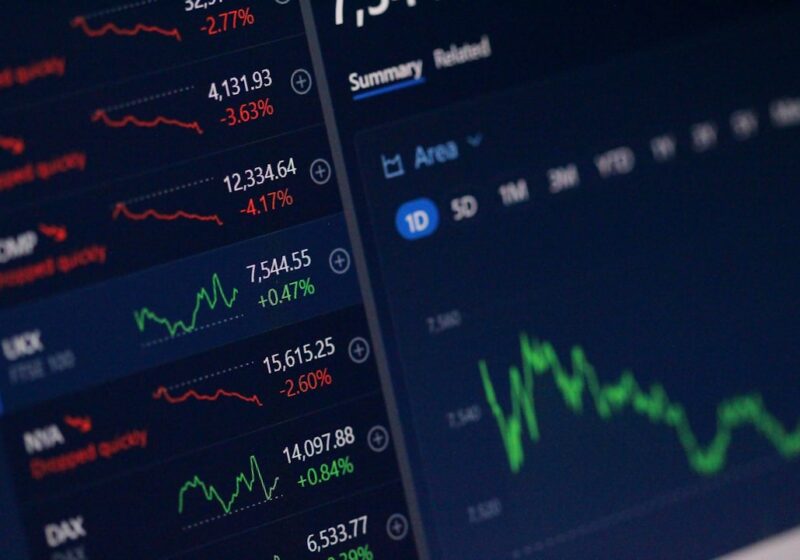 Financial market data displayed on computer screens