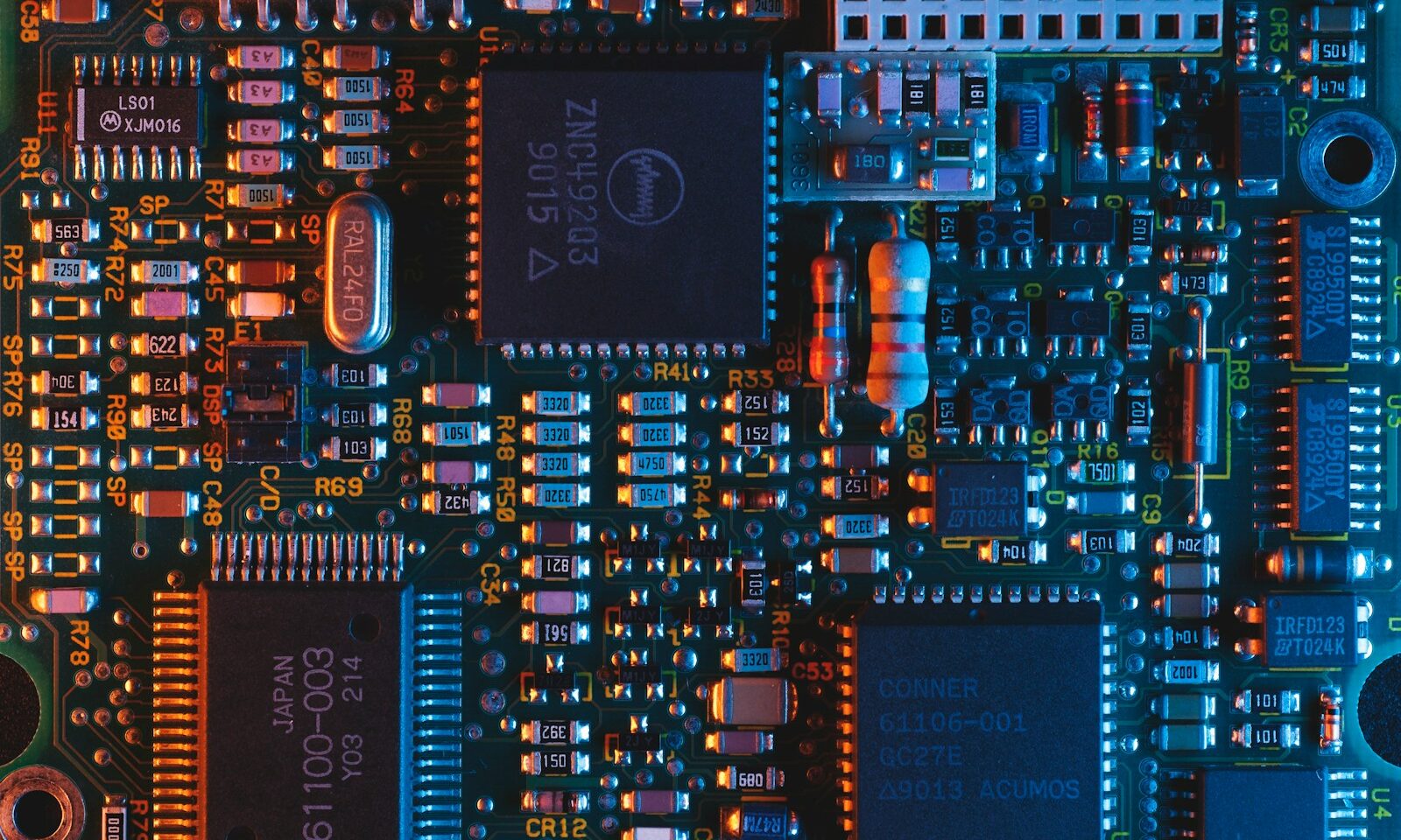 Close view of a printed circuit board, illustrating chip infrastructure
