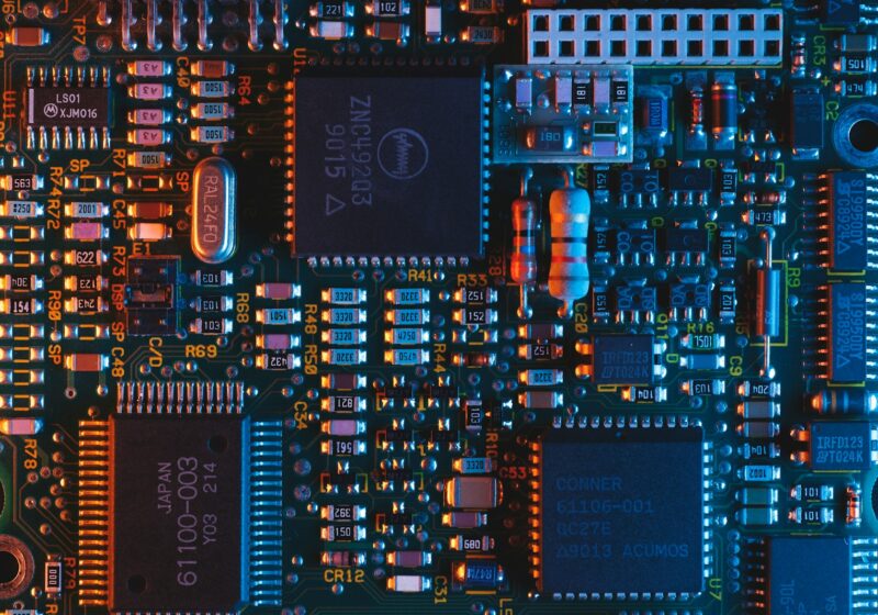 Close view of a printed circuit board, illustrating chip infrastructure