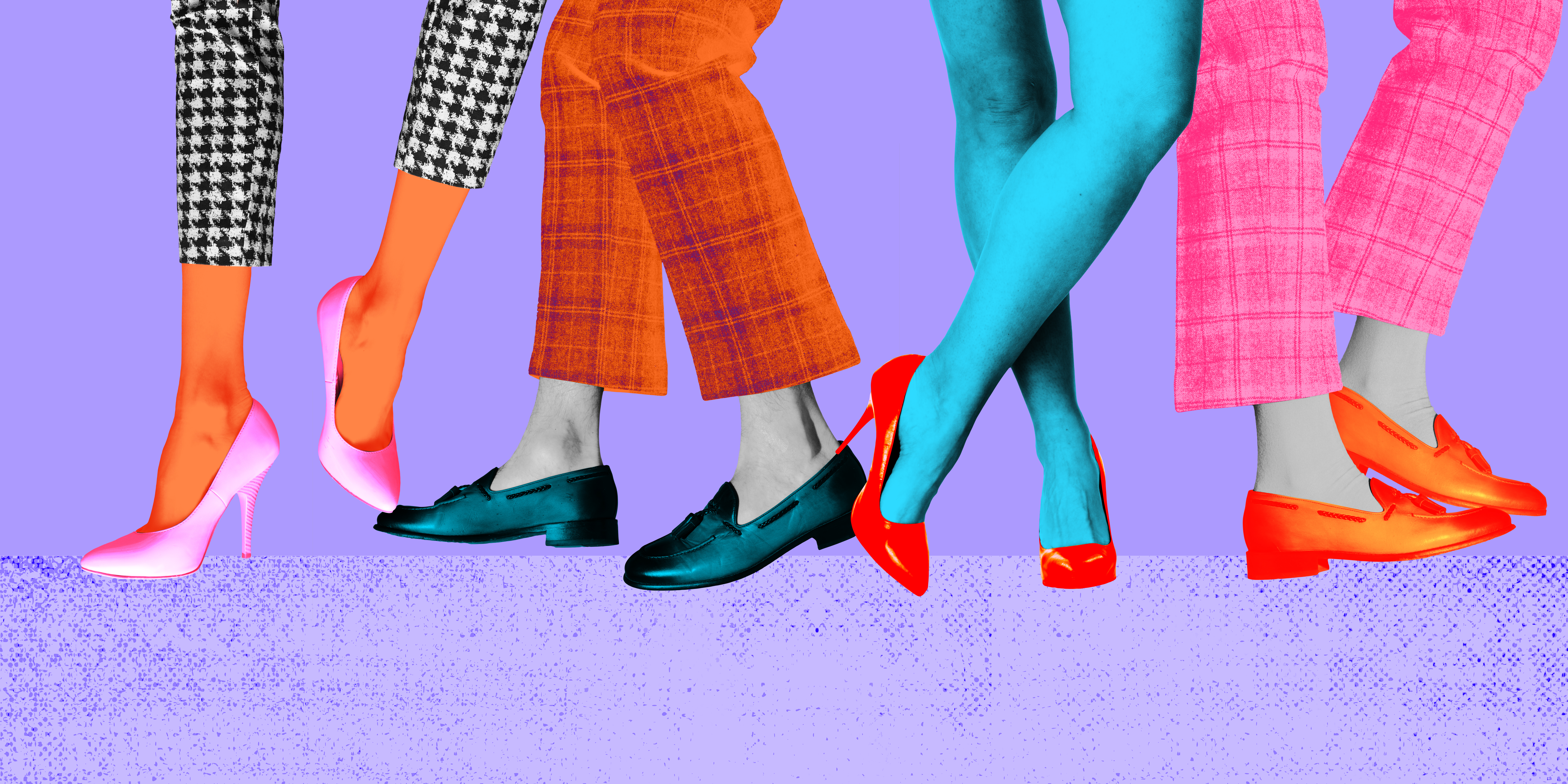 Colorful pop-art collage of legs in bright trousers, tights and dress shoes.
