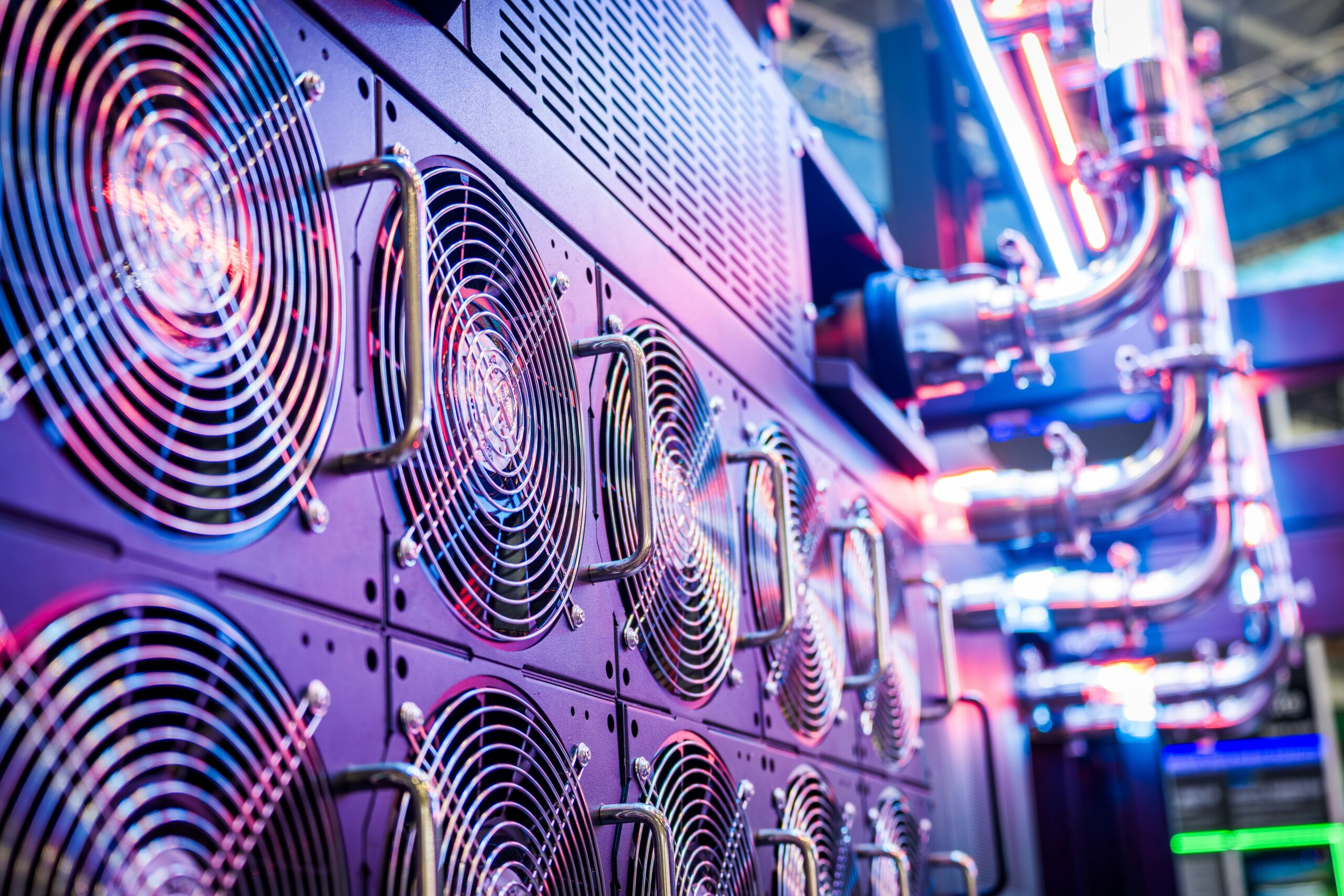 Close-up of cooling fans inside a data center server rack