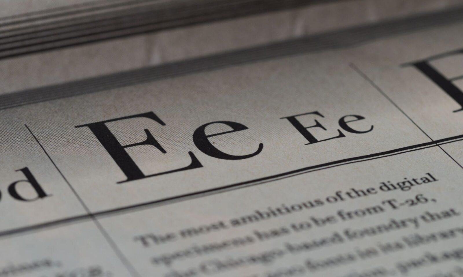 Close-up of editorial typography printed on paper