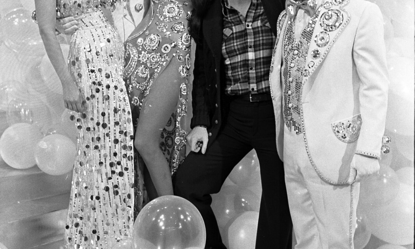 Bob Mackie with Bette Midler, Elton John, Cher and Flip Wilson in 1975