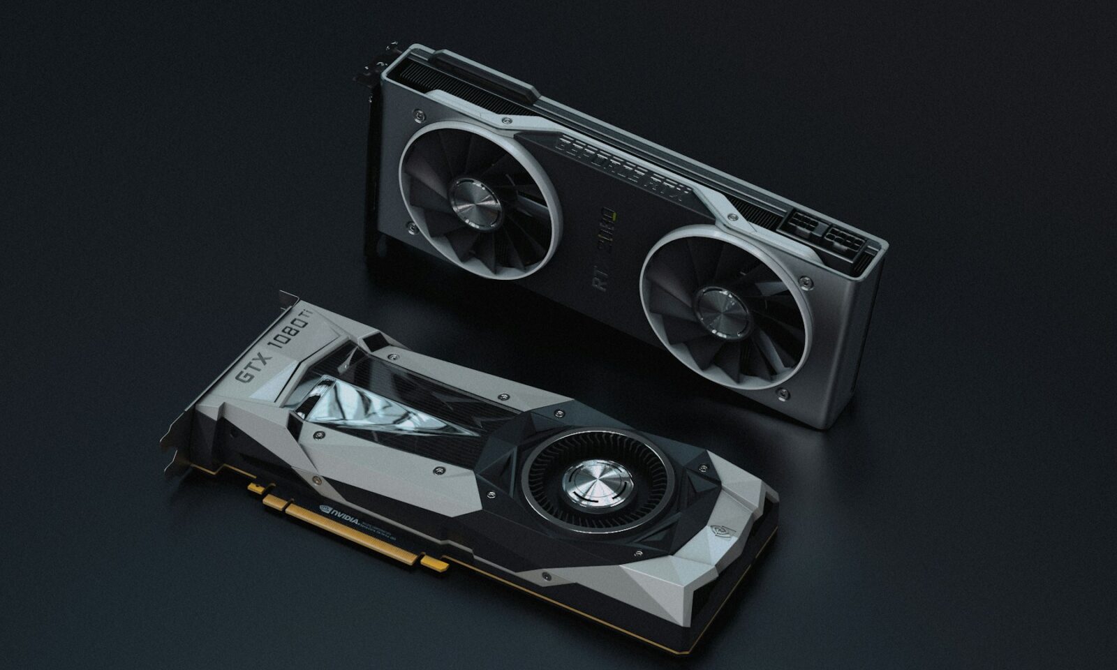 Two Nvidia GeForce graphics cards photographed against a dark background.