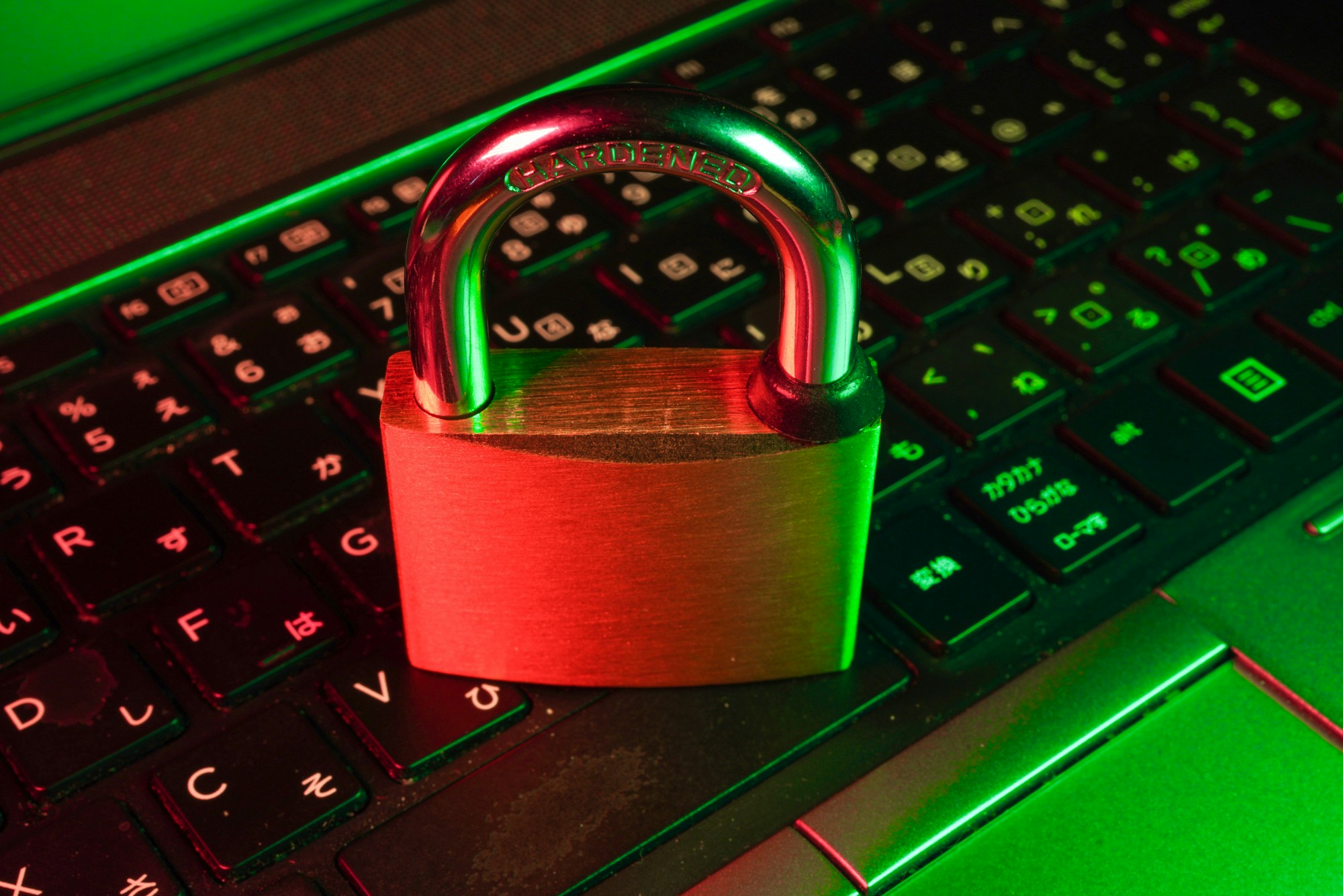 Red padlock on a computer keyboard, illustrating AI account and connector security