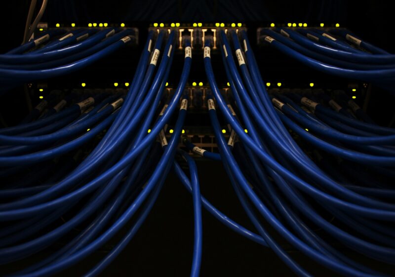 Blue network cables connected to equipment in a server rack