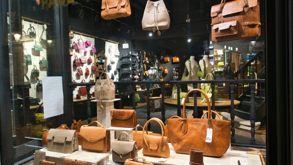 Leather handbags in a retail display