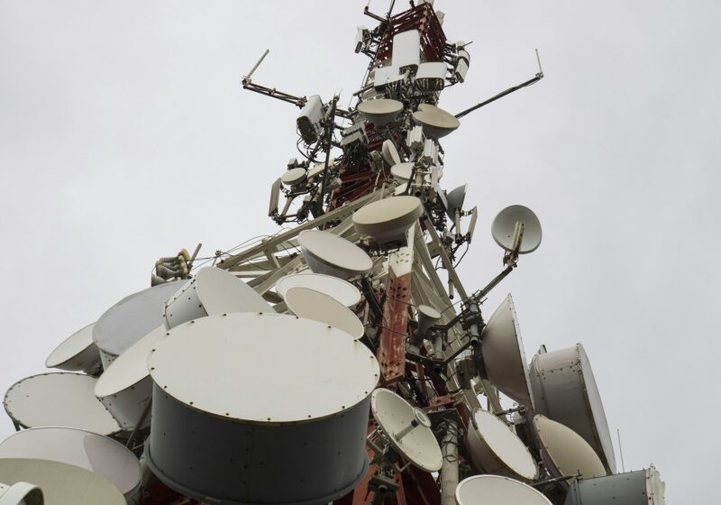 Telecommunications tower with multiple antennas illustrating network infrastructure