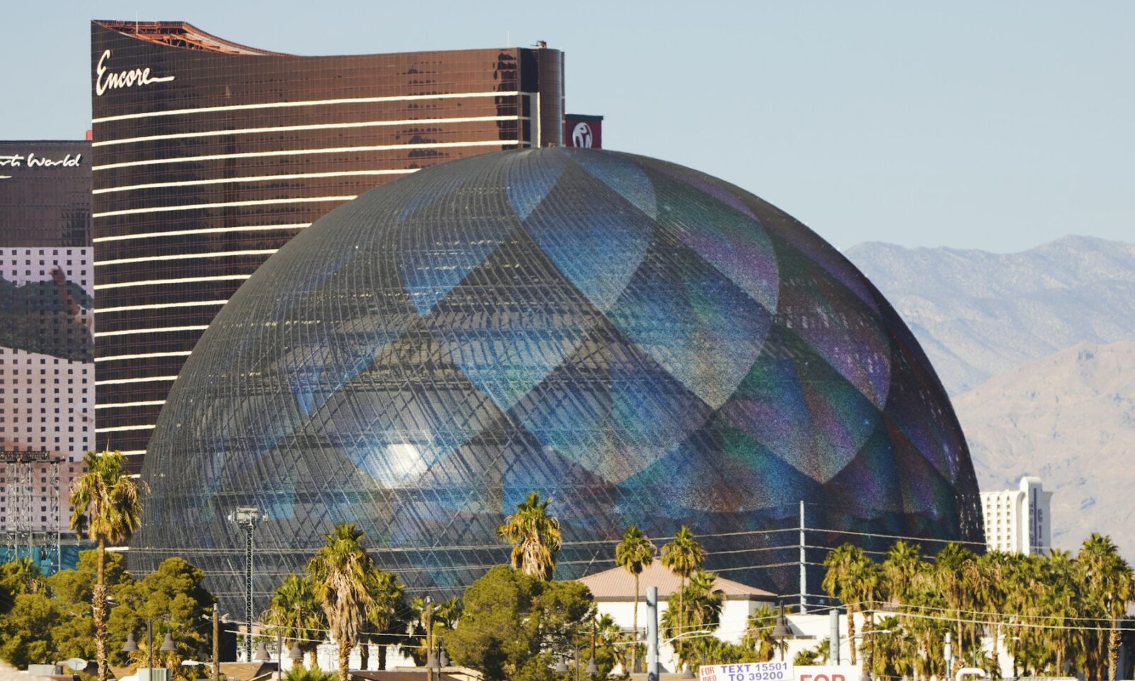 Exterior of Sphere in Las Vegas with blue imagery on its LED facade