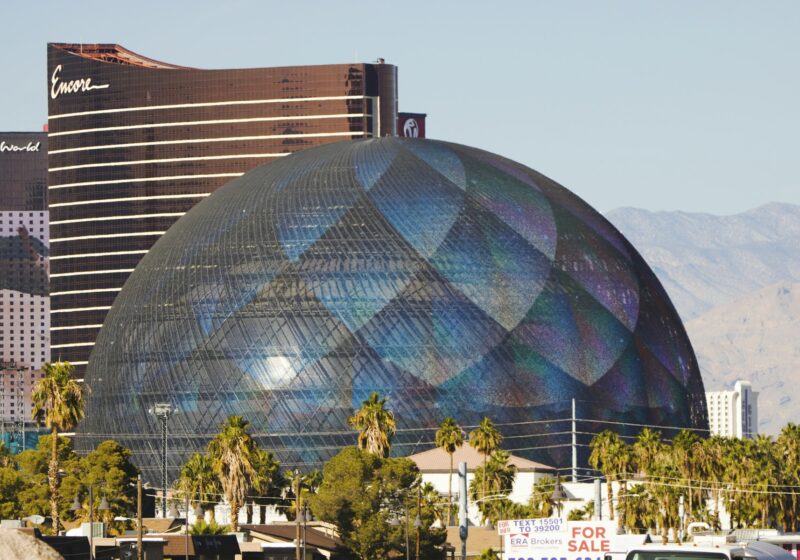 Exterior of Sphere in Las Vegas with blue imagery on its LED facade