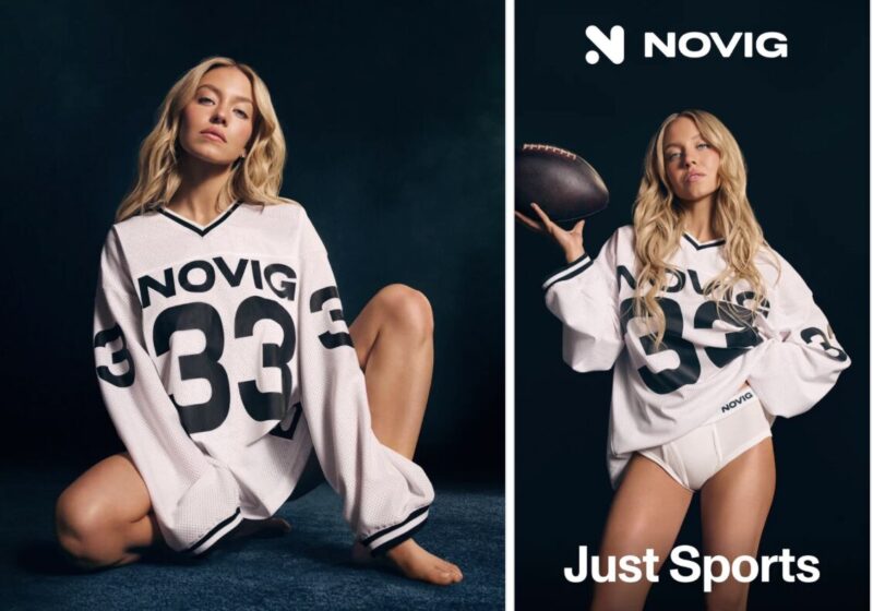 Sydney Sweeney wearing a Novig jersey in the company’s “Just Sports” advertising campaign