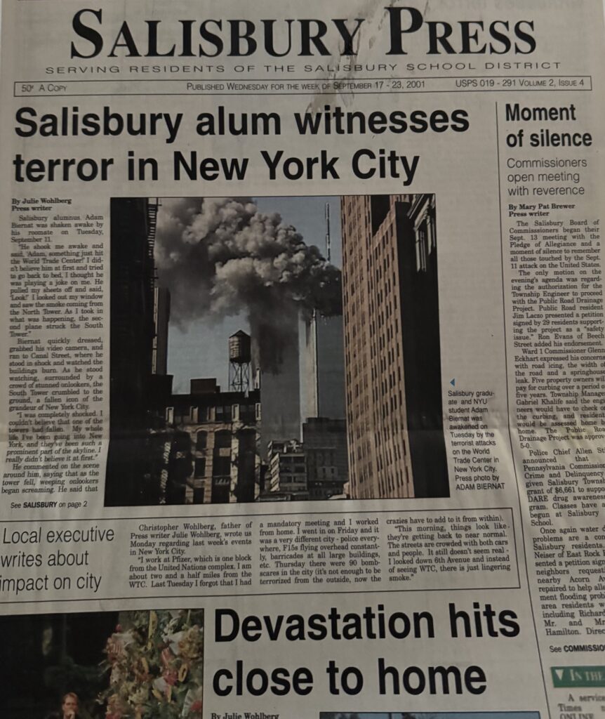 Full Salisbury Press front page showing Julie Wohlberg’s September 2001 reporting on the 9/11 attacks