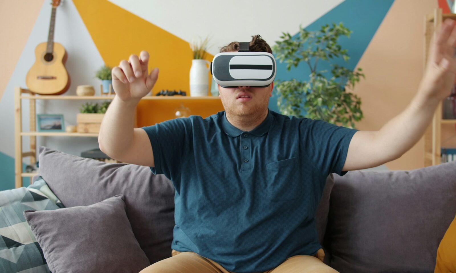 Person wearing a virtual-reality headset, illustrating augmented-reality computing