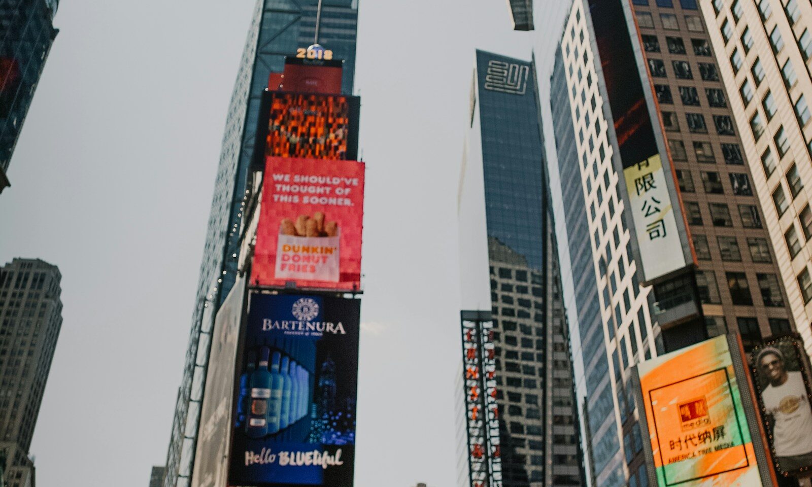 Electronic advertising billboards mounted on tall city buildings